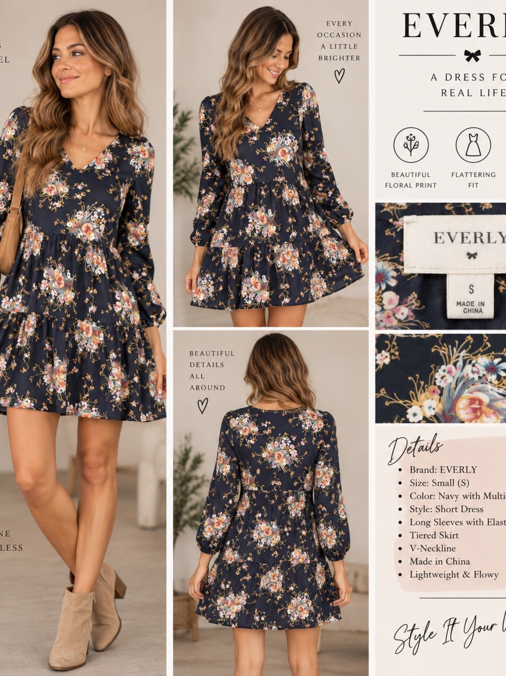 Everly Navy Floral V-Neck Tiered Dress